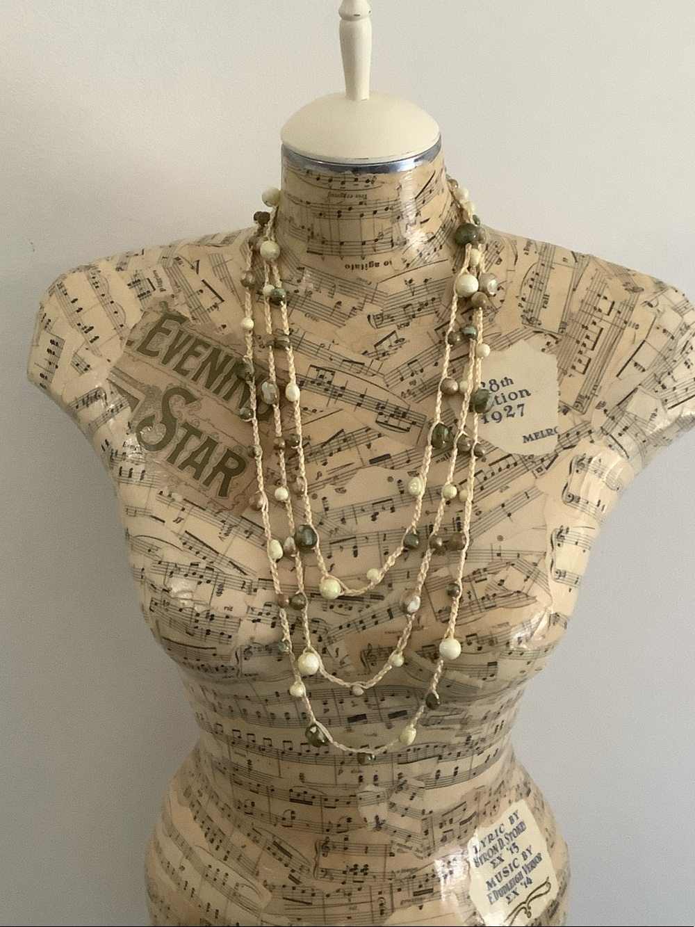 Handmade Hippie Boho Cream and Olive Beaded Crochet Necklace - Long